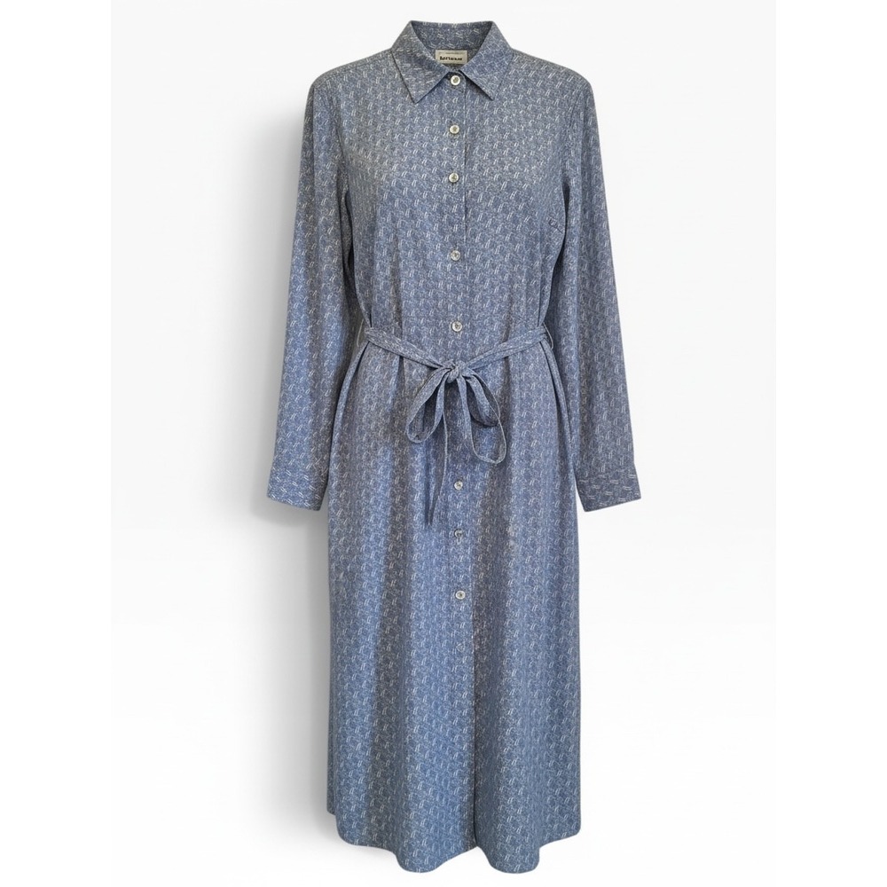 Leslie Fay Blue Logo Print Shirt 80s Secretary Dress Belt Midi 14 New Deadstock